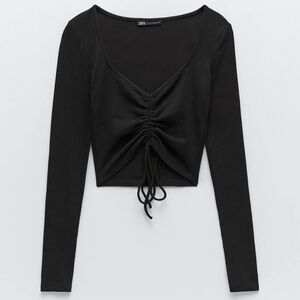 Zara Long Sleeve Ribbed Cinched Tie Front Crop Top, Black